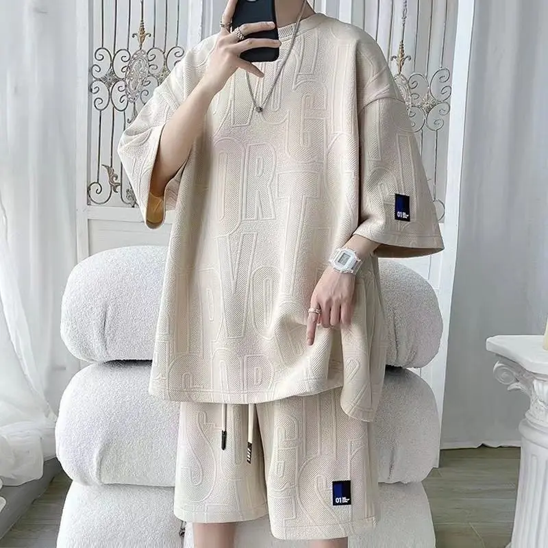 2026 3D Men's new Waffle TZ30 Summer Suit  Casual T-shirt + Shorts Suit Men's Tracksuit Solid color tracksuit loose suit