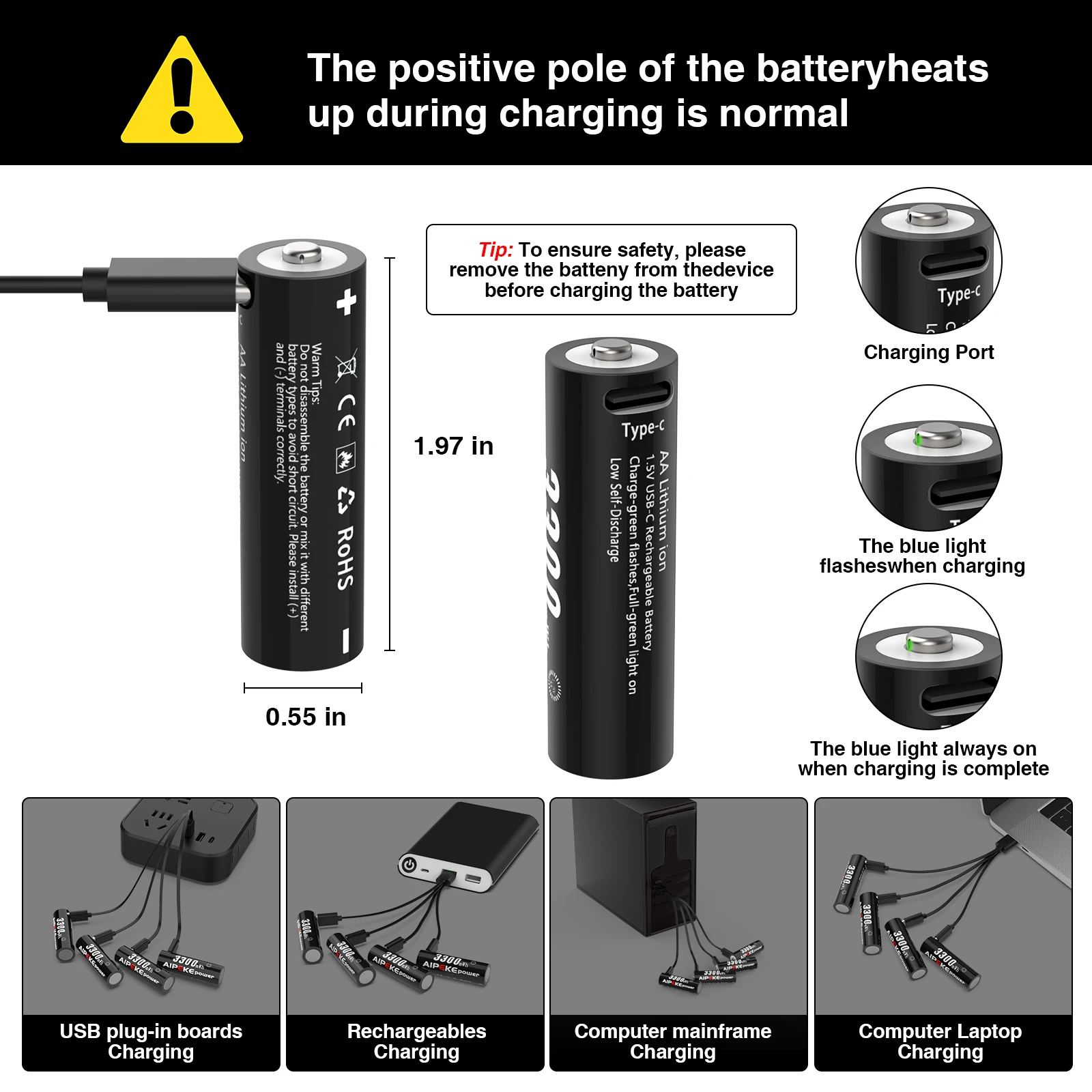 AIPEKE 1.5V 3300mWh Aa rechargeable batteries pile USB aa 1.5v Rechargeable Lithium Battery Aa for Control toys Remote Mouse thumbnail 3