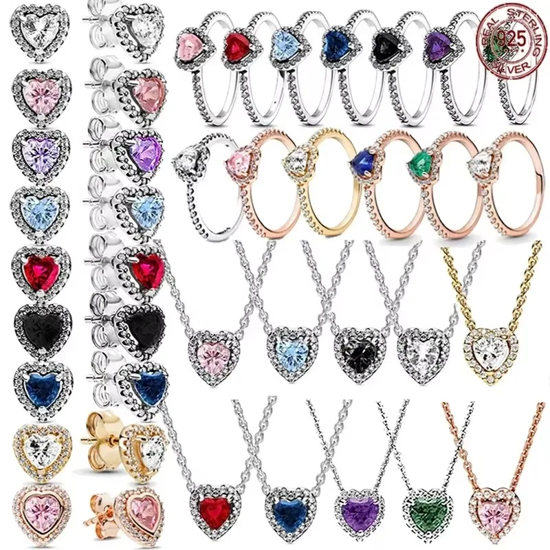 925 sterling silver heart-shaped set, high-quality charm zircon colored ring necklace earring set, fashionable women's jewelry