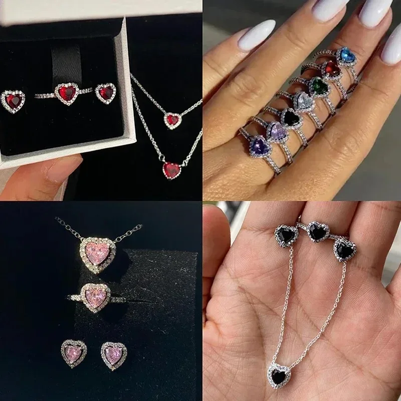 925 sterling silver heart-shaped set, high-quality charm zircon colored ring necklace earring set, fashionable women's jewelry thumbnail 2