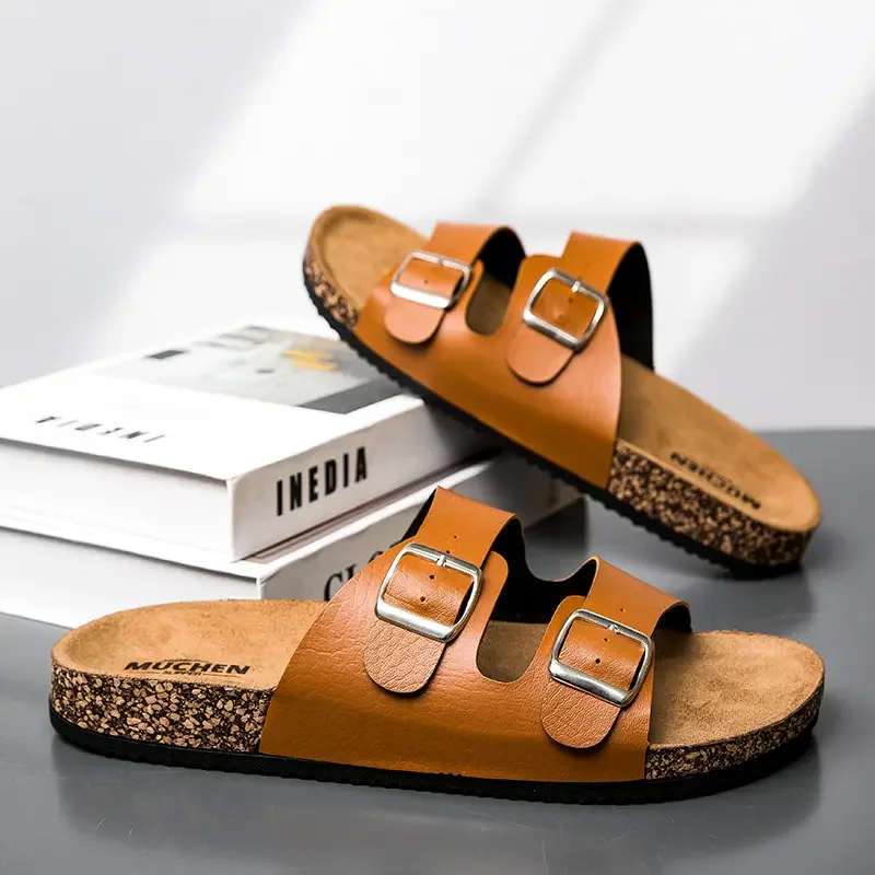 Slippers Unisex 36-45 Men Women Cork Slippers Leather Mule Clogs Slippers High Quality Soft Cork Two Buckle Slides Footwear thumbnail 2