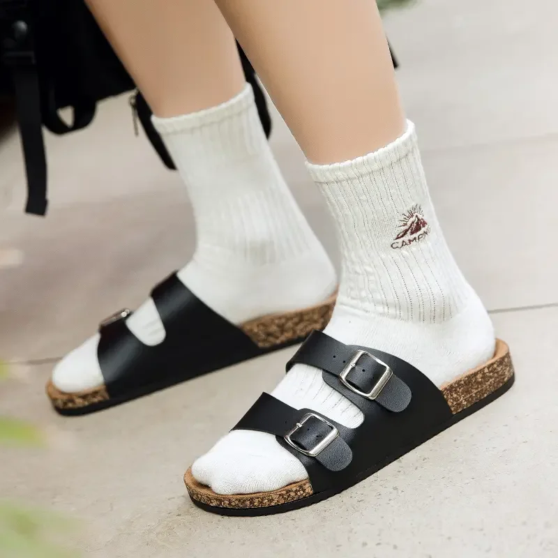 Slippers Unisex 36-45 Men Women Cork Slippers Leather Mule Clogs Slippers High Quality Soft Cork Two Buckle Slides Footwear thumbnail 4