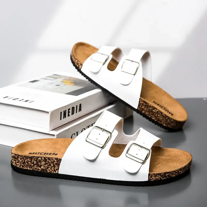 Slippers Unisex 36-45 Men Women Cork Slippers Leather Mule Clogs Slippers High Quality Soft Cork Two Buckle Slides Footwear thumbnail 3