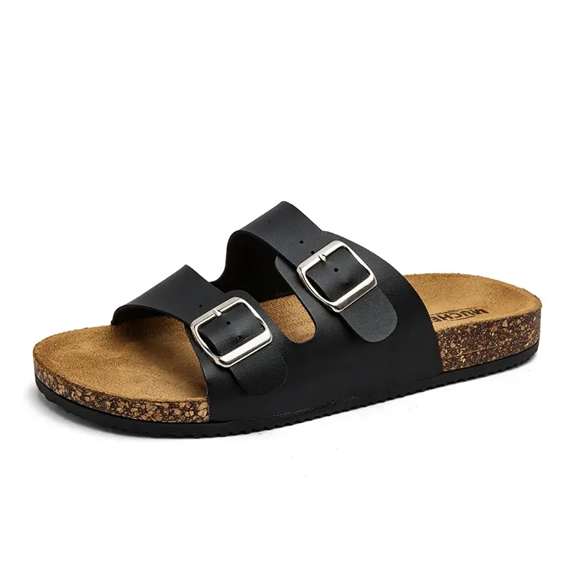 Slippers Unisex 36-45 Men Women Cork Slippers Leather Mule Clogs Slippers High Quality Soft Cork Two Buckle Slides Footwear