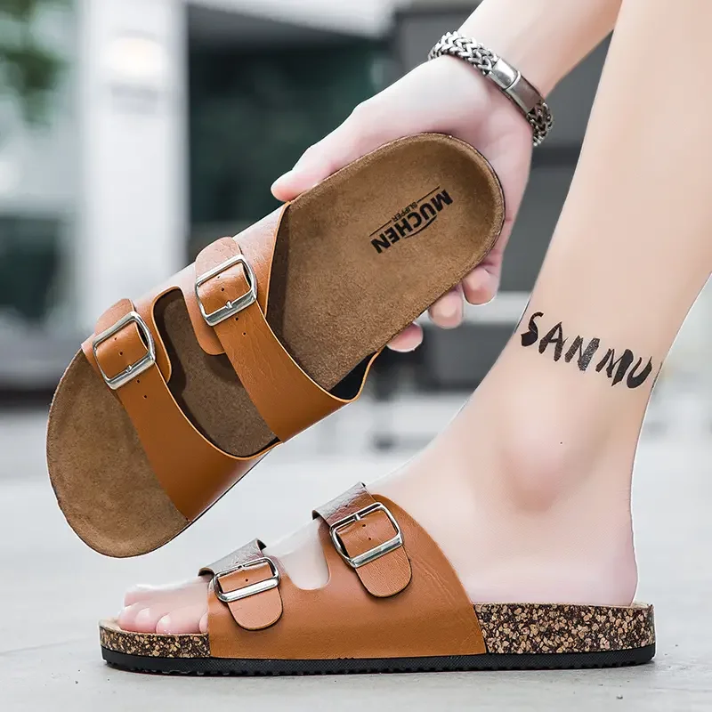 Slippers Unisex 36-45 Men Women Cork Slippers Leather Mule Clogs Slippers High Quality Soft Cork Two Buckle Slides Footwear thumbnail 6