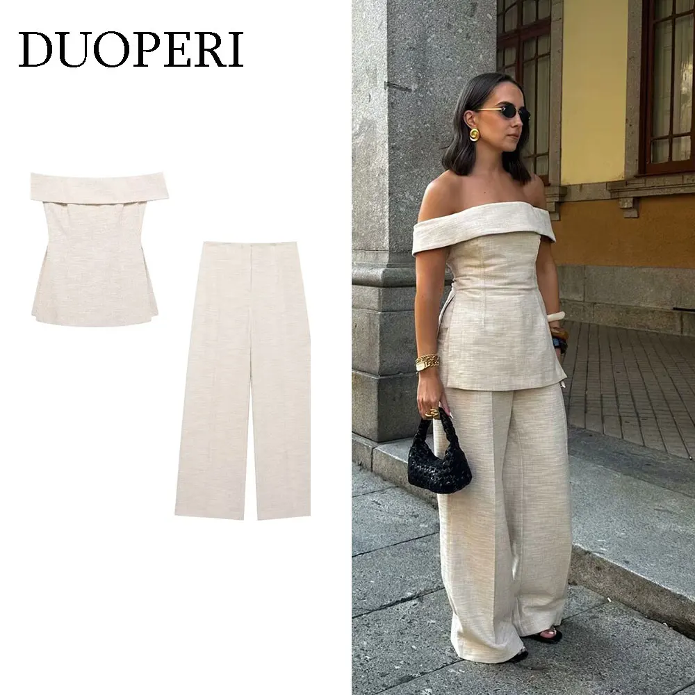 DUOPERI Women Fashion 2 Piece Sets Khaki Backless Zipper Corset Tops & Wide Leg Pants Female Chic Lady Trousers Suit