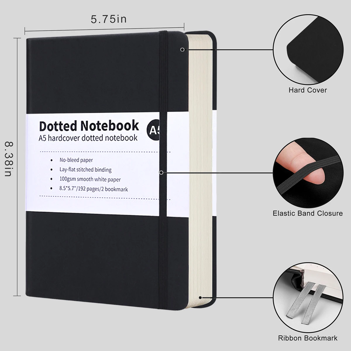 A5 Notebook 192 Pages Classic Journal Dotted Paper Hard Cover Business Creative Elastic Band Notepad Diary Student Stationery thumbnail 4
