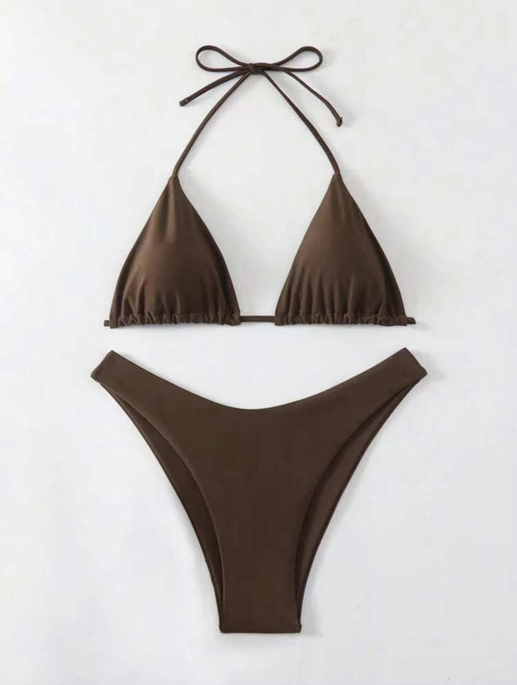 Women Thong Bikini Sexy Solid White/Black/Coffee Halter Swimsuit Lace Up Brazilian Bathing Suit 2025 New Double Fabric Beachwear thumbnail 2