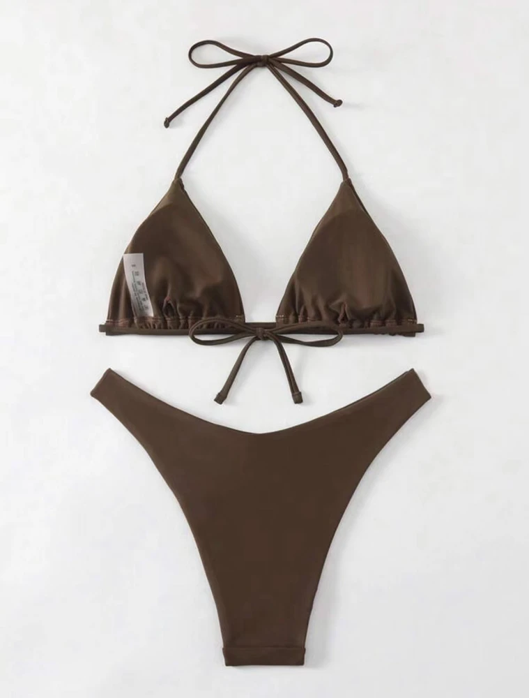 Women Thong Bikini Sexy Solid White/Black/Coffee Halter Swimsuit Lace Up Brazilian Bathing Suit 2025 New Double Fabric Beachwear thumbnail 3