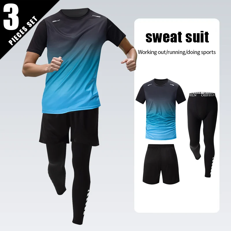 3 Pcs Men's Quick-drying Sports Gradient Suit Leisure Sports Running Short Sleeve Comfortable Sun Protection Pants Joker Shorts thumbnail 2