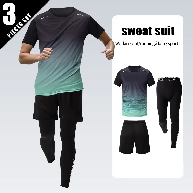 3 Pcs Men's Quick-drying Sports Gradient Suit Leisure Sports Running Short Sleeve Comfortable Sun Protection Pants Joker Shorts thumbnail 4