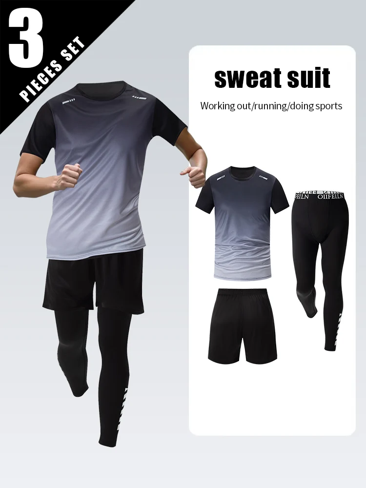 3 Pcs Men's Quick-drying Sports Gradient Suit Leisure Sports Running Short Sleeve Comfortable Sun Protection Pants Joker Shorts thumbnail 3