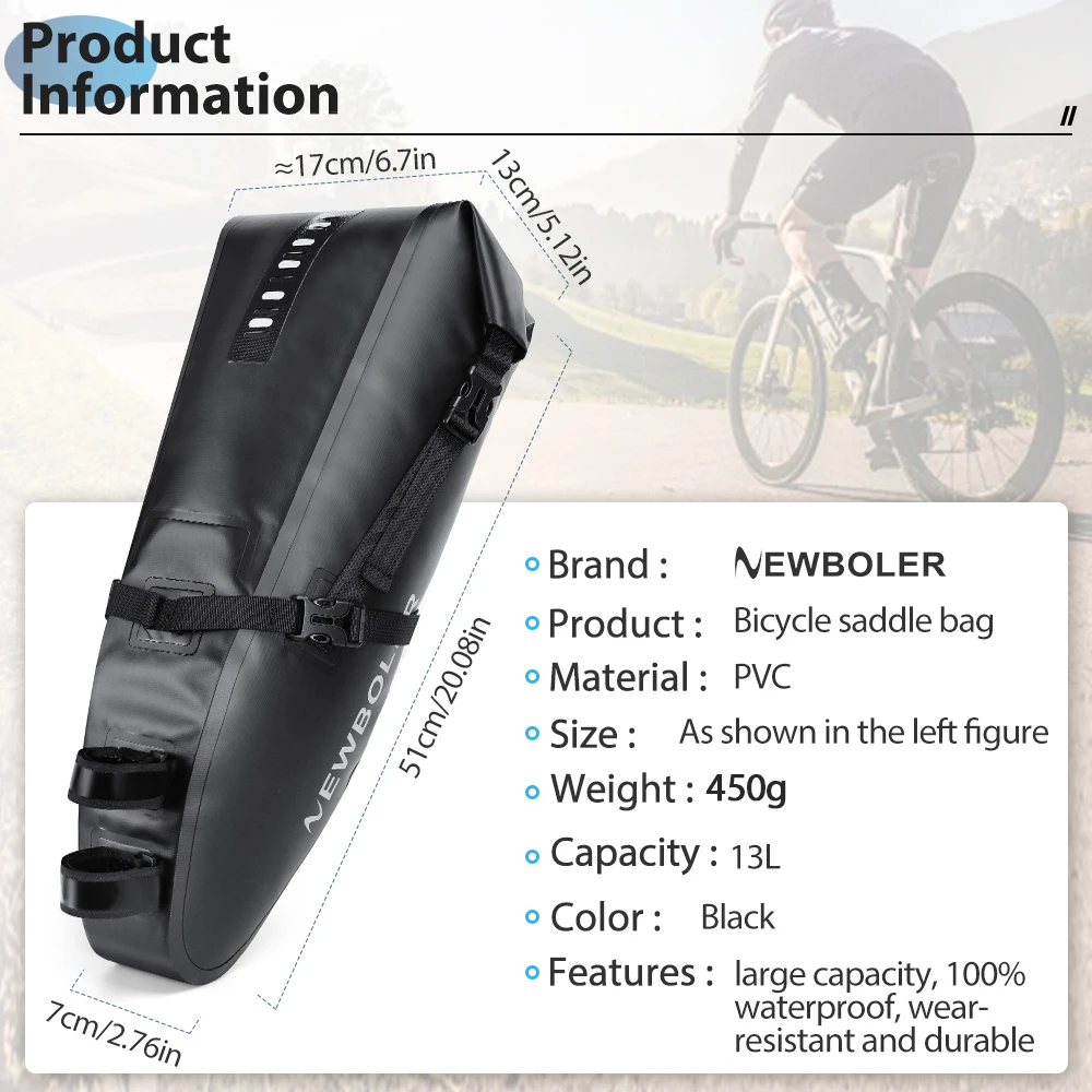 NEWBOLER Bicycle Bag Waterproof 13L Large Capacity Bicycle Saddle Bag Bicycle Foldable Tail Bag Mountain Bike Road Luggage thumbnail 2