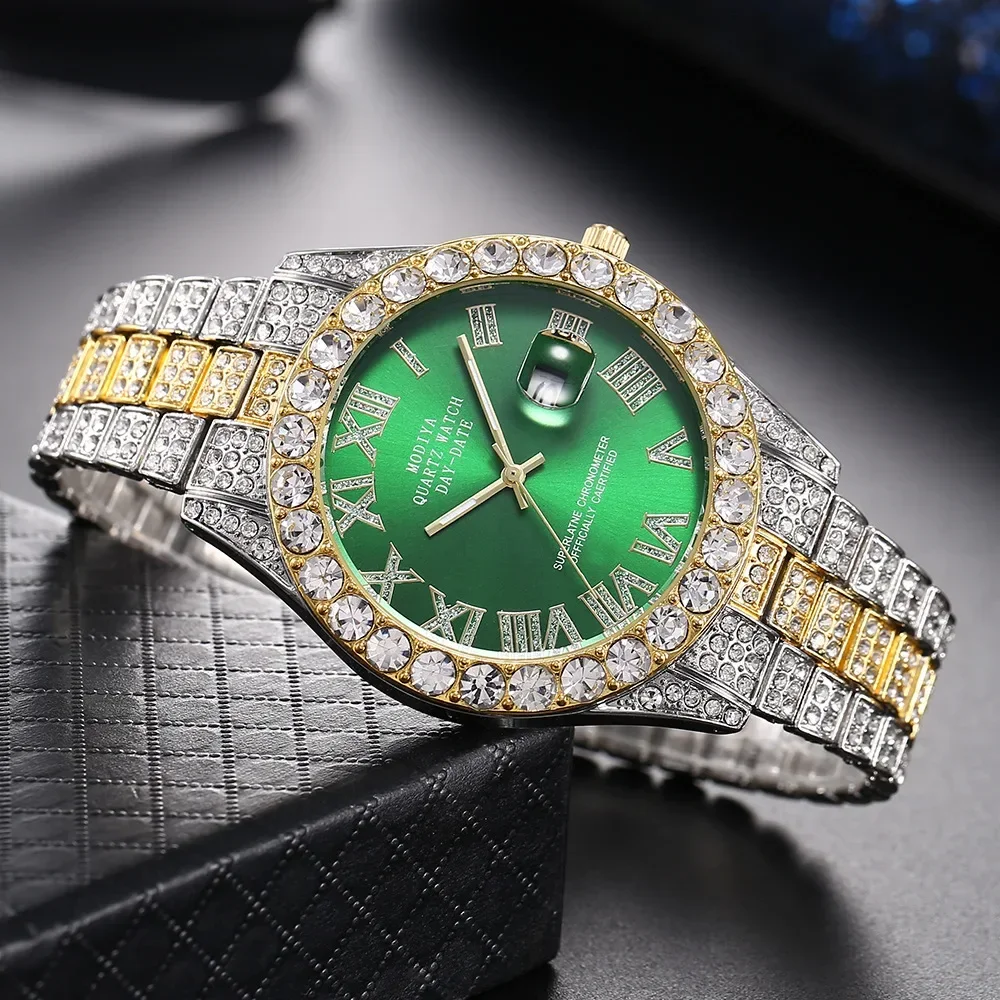 Hot Sale Diamond Bling Watch Men Gold Color Luxury Gift Quartz Watches Male Clock Dropshipping  Rhinestone Calendar Wristwatch thumbnail 4