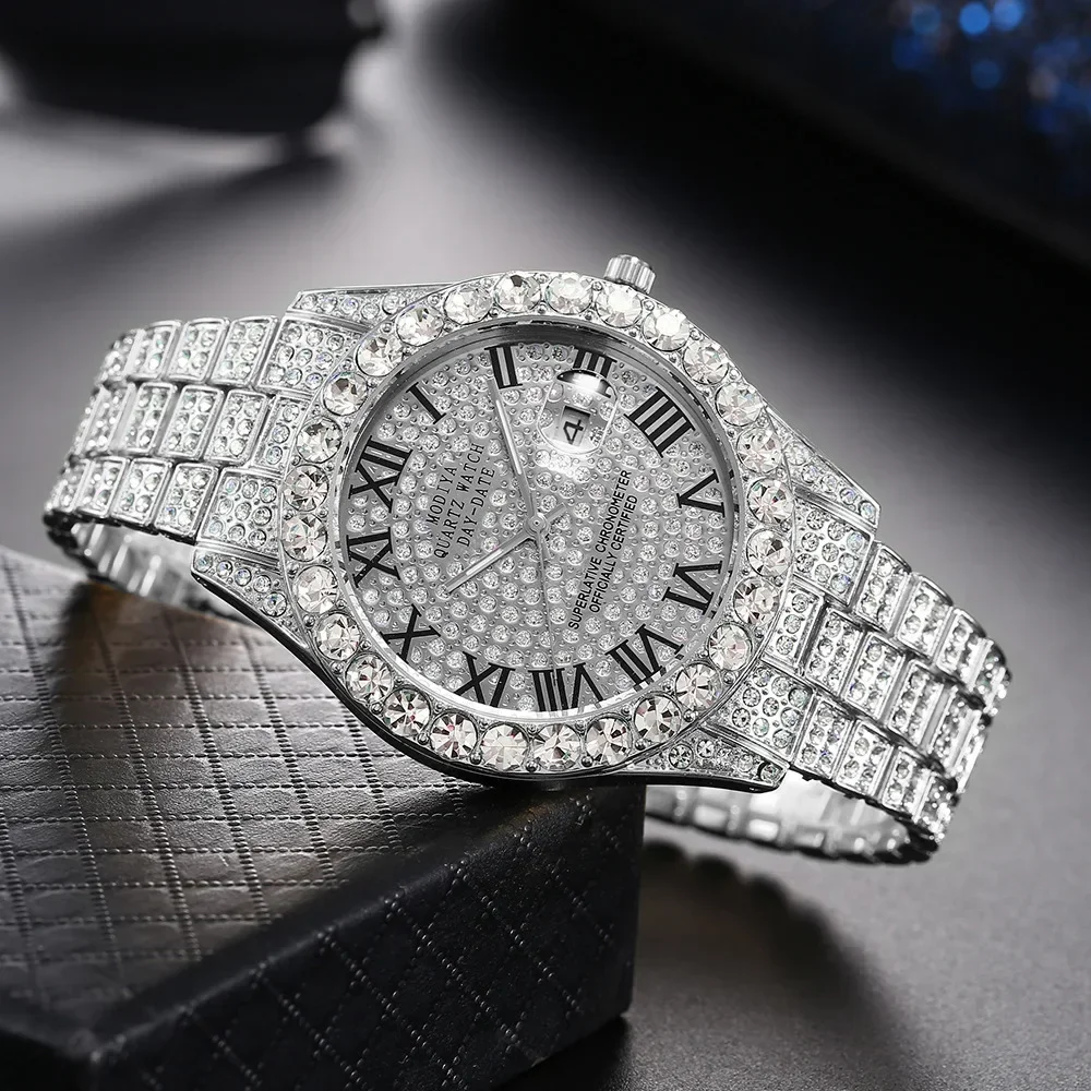Hot Sale Diamond Bling Watch Men Gold Color Luxury Gift Quartz Watches Male Clock Dropshipping  Rhinestone Calendar Wristwatch thumbnail 3
