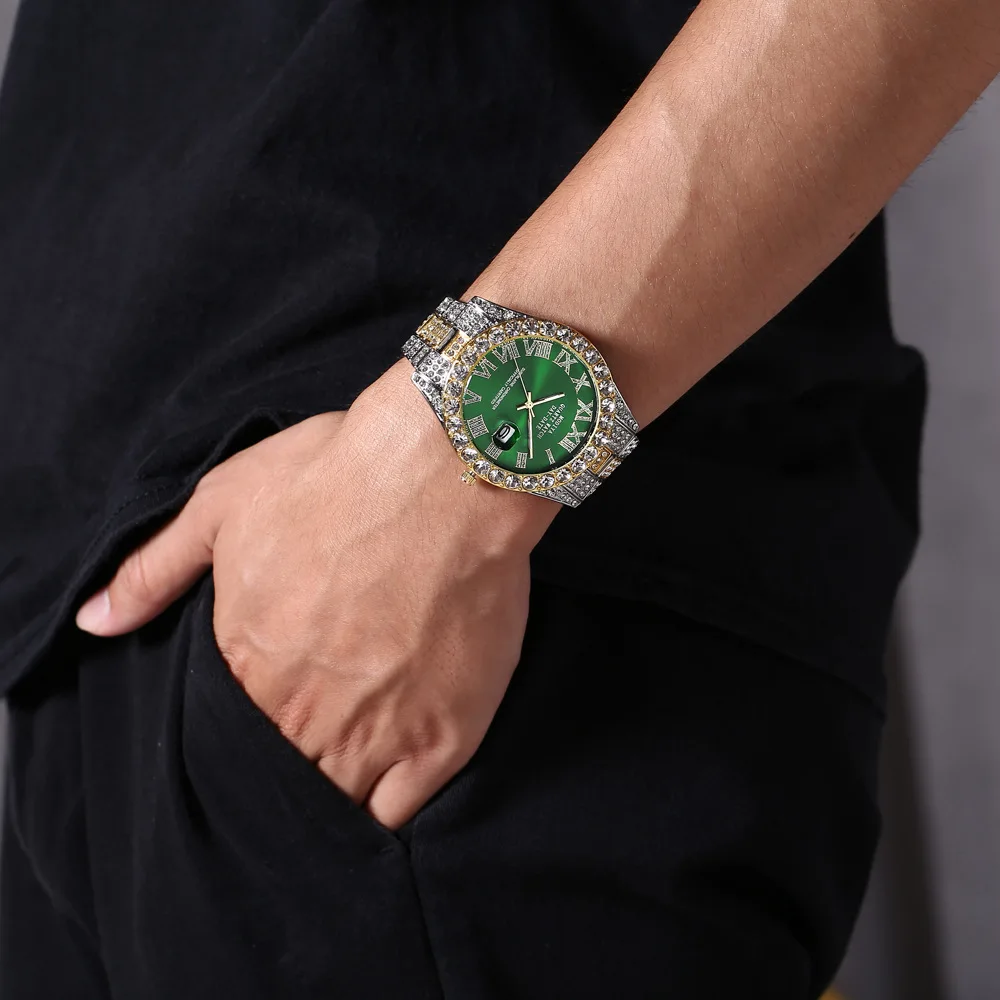 Hot Sale Diamond Bling Watch Men Gold Color Luxury Gift Quartz Watches Male Clock Dropshipping  Rhinestone Calendar Wristwatch thumbnail 2