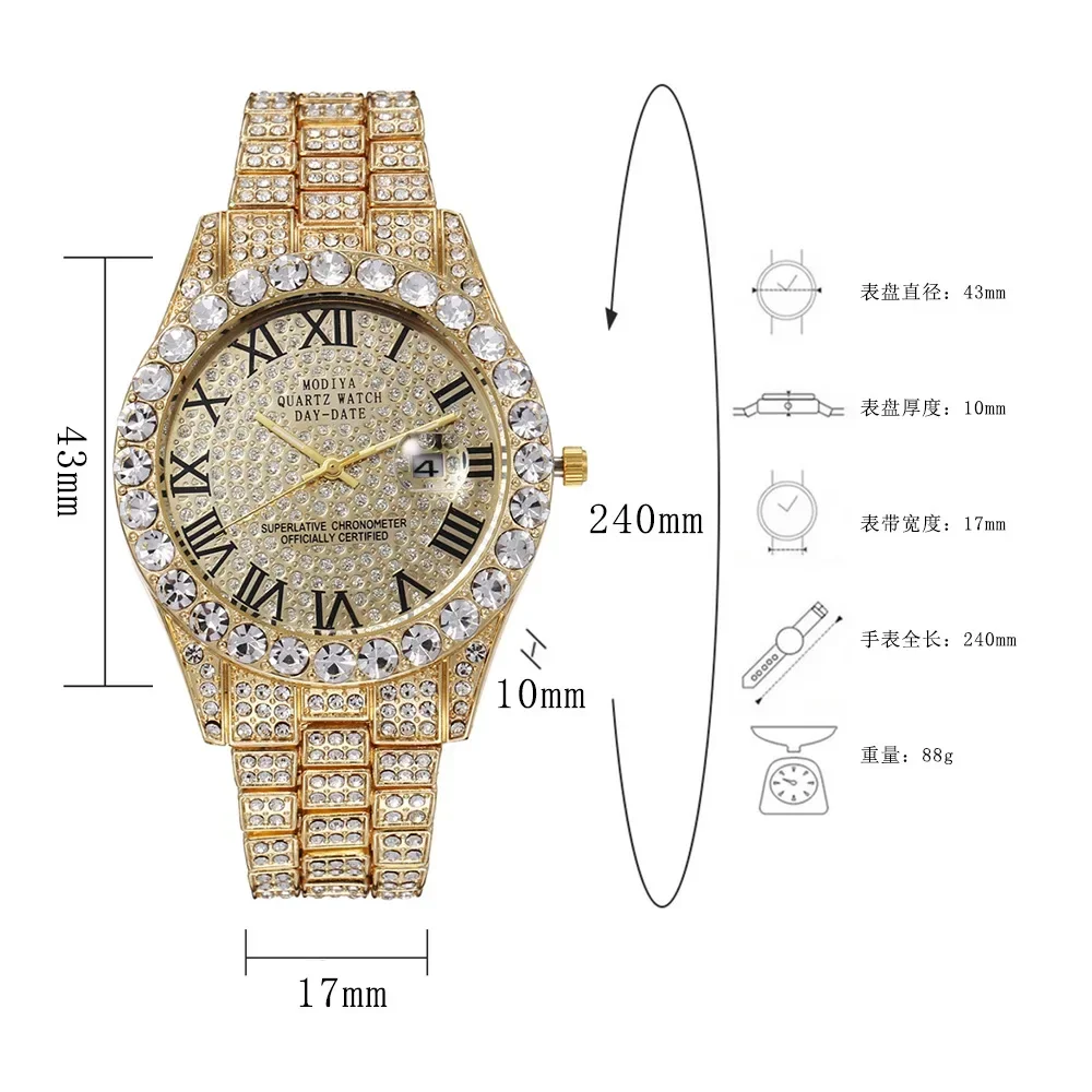 Hot Sale Diamond Bling Watch Men Gold Color Luxury Gift Quartz Watches Male Clock Dropshipping  Rhinestone Calendar Wristwatch thumbnail 6