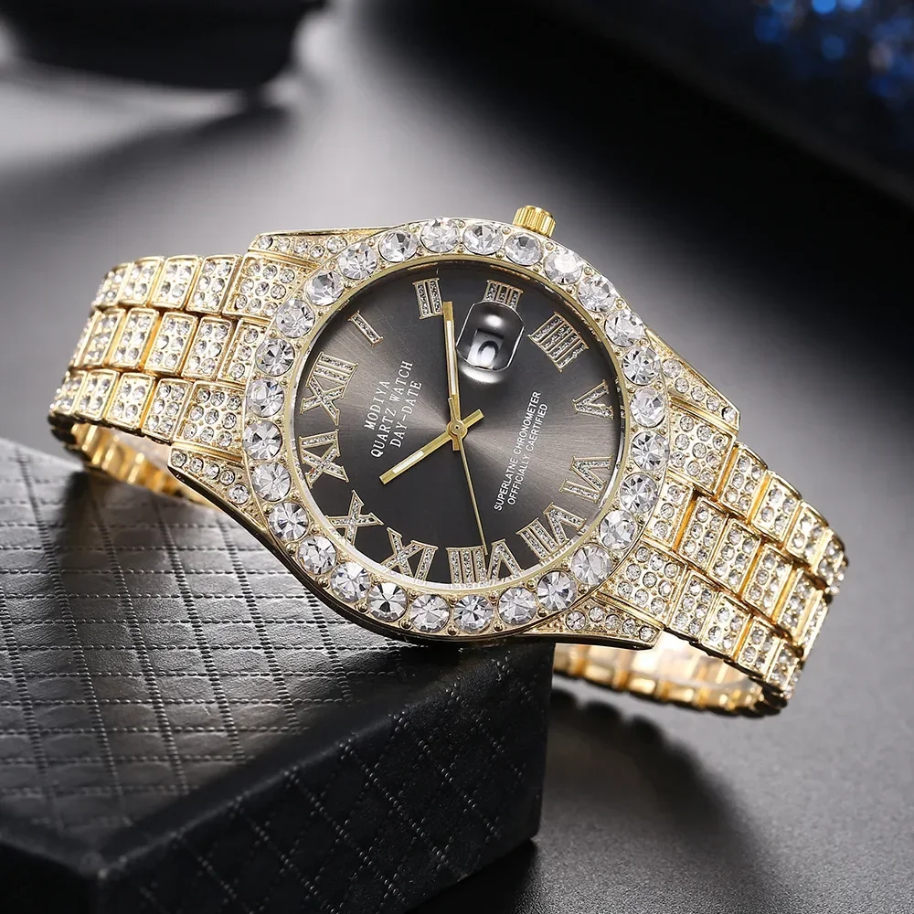 Hot Sale Diamond Bling Watch Men Gold Color Luxury Gift Quartz Watches Male Clock Dropshipping  Rhinestone Calendar Wristwatch thumbnail 5