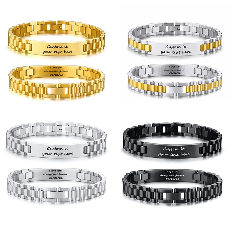 Personalized Engraved Bracelet for Men Women Customized text Bracelets,Hypoallergenic Stainless Steel Watch Chain memory Jewelry