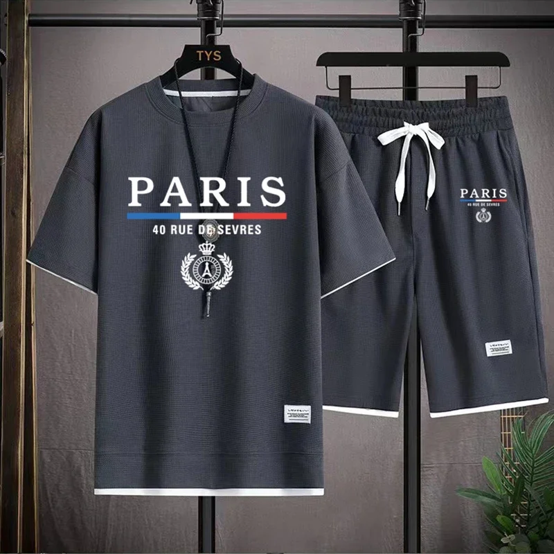 Men's Waffle Sets France Paris Casual T-Shirt + Shorts Set 2PC Summer Male Sports Suits Tracksuit Loose Suit Man T shirt Clothes thumbnail 4