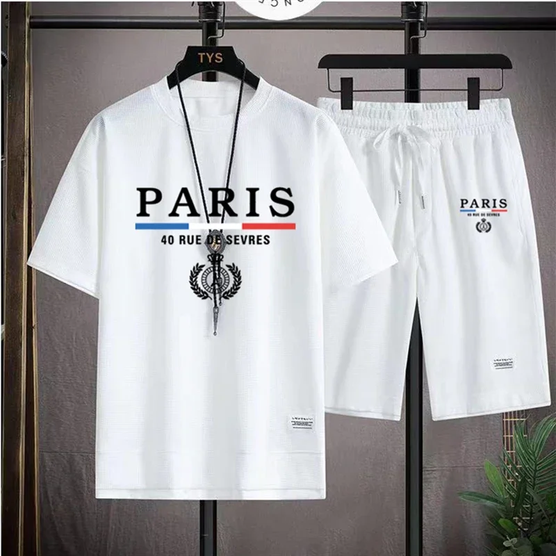 Men's Waffle Sets France Paris Casual T-Shirt + Shorts Set 2PC Summer Male Sports Suits Tracksuit Loose Suit Man T shirt Clothes thumbnail 3