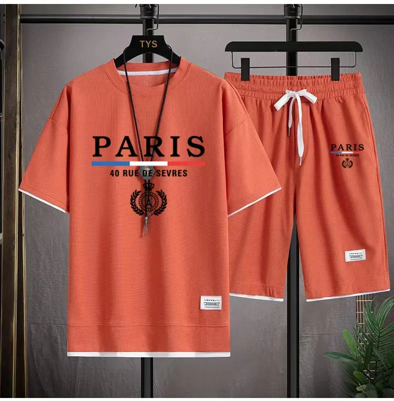 Men's Waffle Sets France Paris Casual T-Shirt + Shorts Set 2PC Summer Male Sports Suits Tracksuit Loose Suit Man T shirt Clothes thumbnail 6