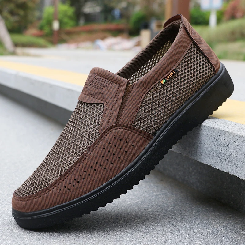 Men's Breathable Slip-On Casual Shoes - Lightweight Low-Top Walking Sneakers for Outdoor, Fishing, Park and Exercise, Brown Mesh Fabric, Rubber Sole, Plaid for All Seasons, Outdoor Shoes | Low-Top Shoes | Fabric Upper thumbnail 5