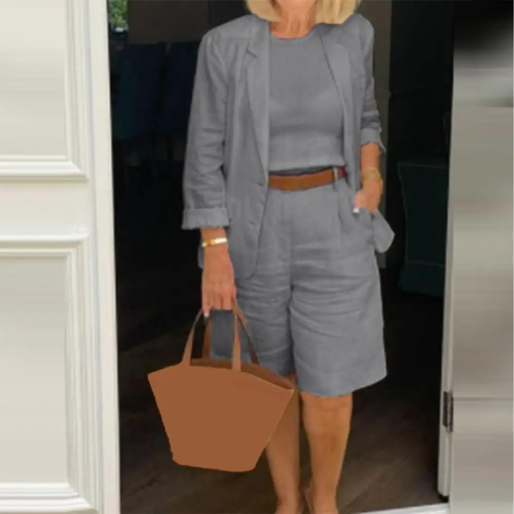 Cotton Linen Temperament Blazer Shorts Women's Blazer Suit 2 Piece Set Elastic Waist Thin Female Blazer Shorts Summer Outfit thumbnail 3