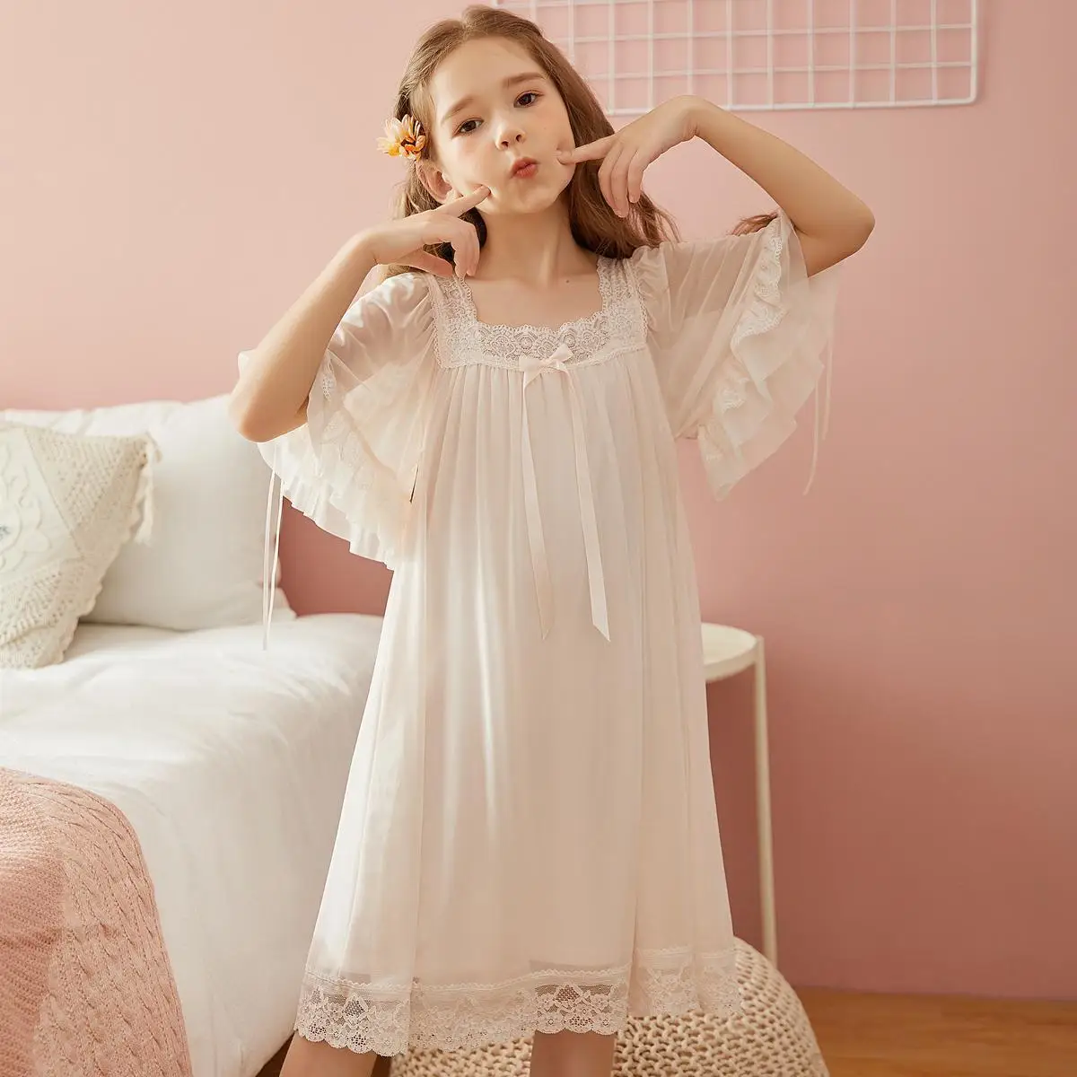 Kids Girls Princess Lace Nightgowns 2025 New CHildren Mesh Pajamas Teenage Girls Chiffon Dress Summer Family Matching Clothing thumbnail 5