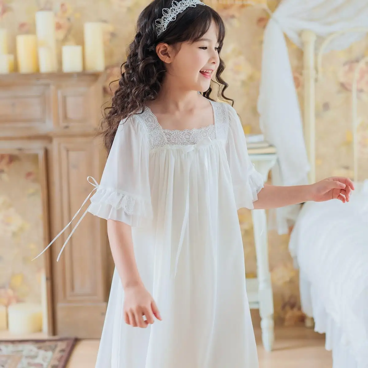 Kids Girls Princess Lace Nightgowns 2025 New CHildren Mesh Pajamas Teenage Girls Chiffon Dress Summer Family Matching Clothing thumbnail 3