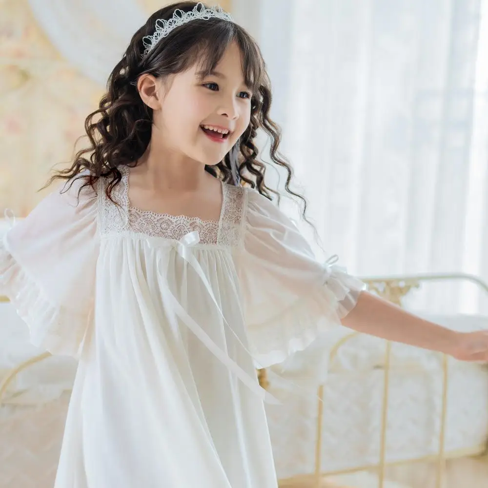 Kids Girls Princess Lace Nightgowns 2025 New CHildren Mesh Pajamas Teenage Girls Chiffon Dress Summer Family Matching Clothing thumbnail 2