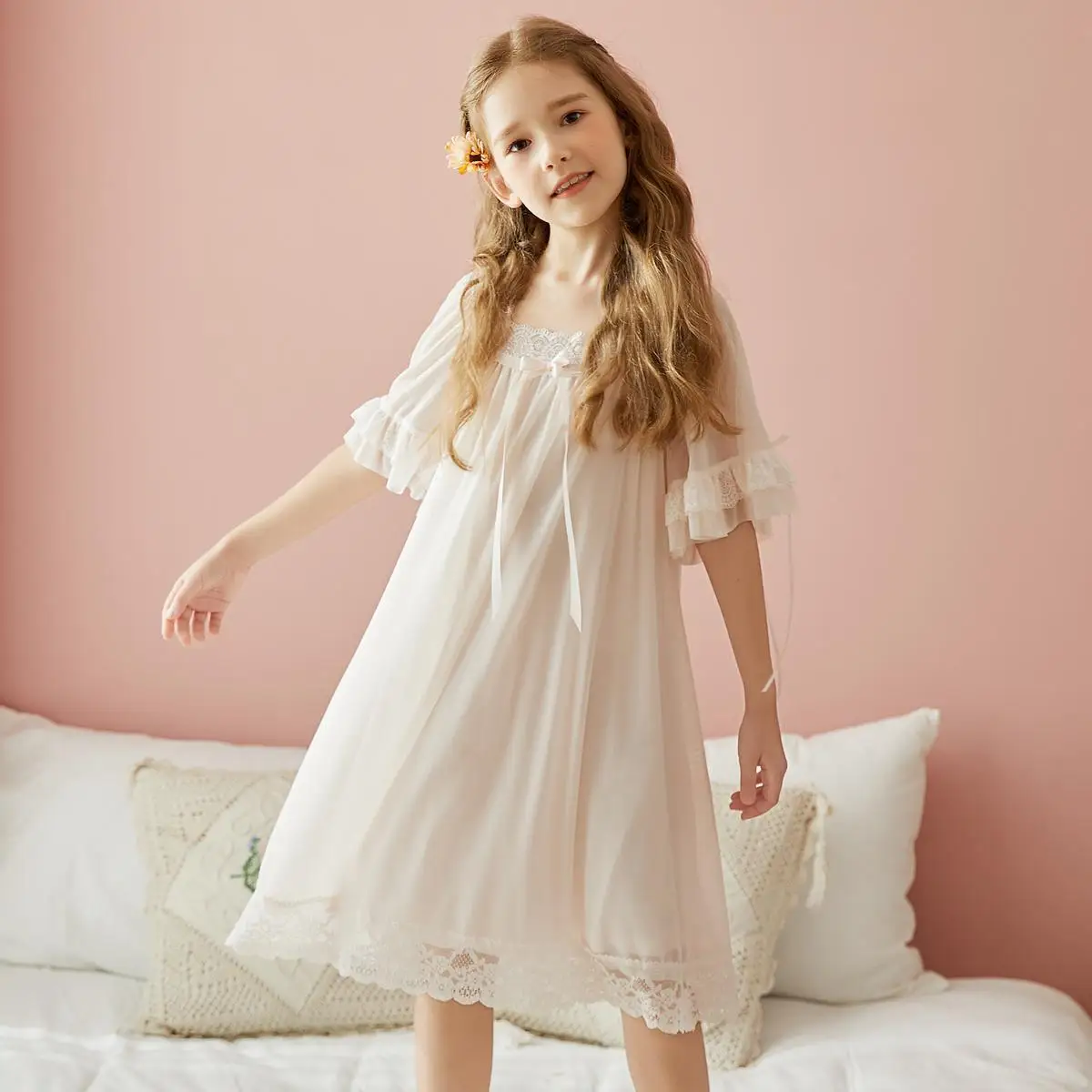 Kids Girls Princess Lace Nightgowns 2025 New CHildren Mesh Pajamas Teenage Girls Chiffon Dress Summer Family Matching Clothing thumbnail 4
