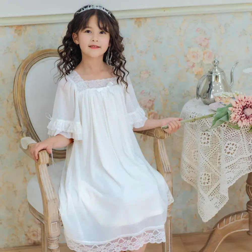 Kids Girls Princess Lace Nightgowns 2025 New CHildren Mesh Pajamas Teenage Girls Chiffon Dress Summer Family Matching Clothing thumbnail 6