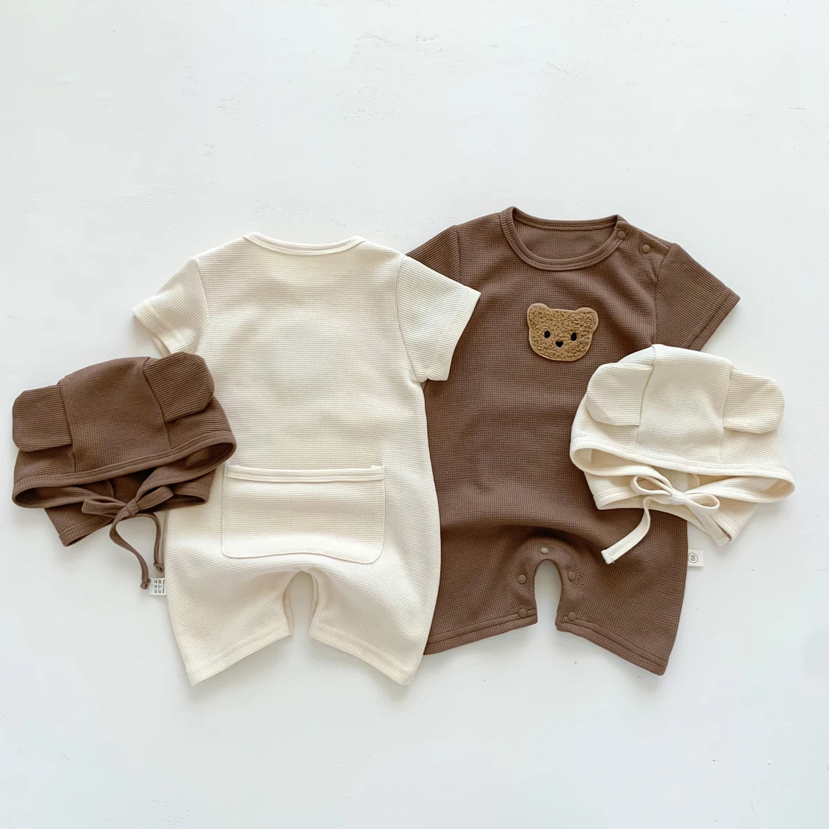 Baby jumpsuit summer waffle bear baby clothes baby short-sleeved jumpsuit, super cute summer outdoor clothes for boys and girls thumbnail 2