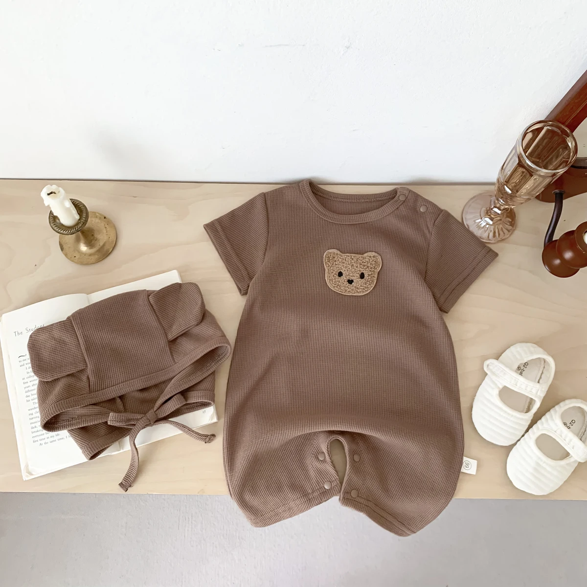 Baby jumpsuit summer waffle bear baby clothes baby short-sleeved jumpsuit, super cute summer outdoor clothes for boys and girls thumbnail 3