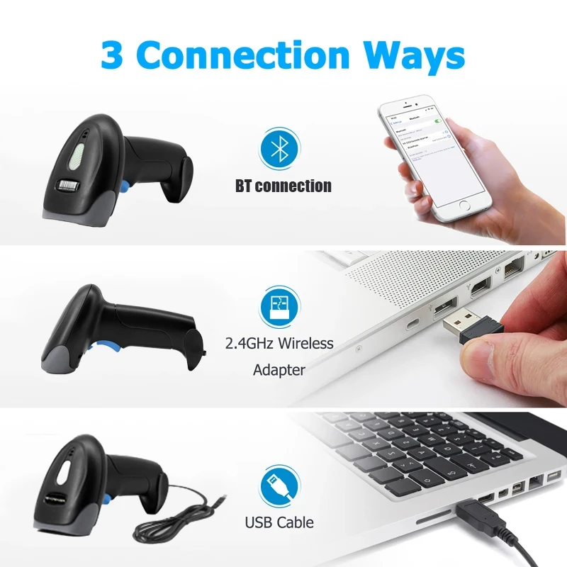 Bluetooth Wireless/Wired 2D Barcode Scanner Portable Handheld 1D/2D QR Code Reader Quick Identify Scan CMOS for Retail Warehouse thumbnail 3