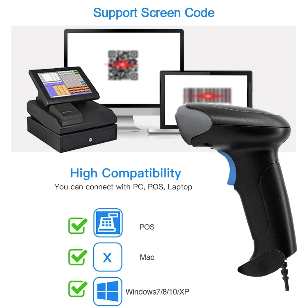 Bluetooth Wireless/Wired 2D Barcode Scanner Portable Handheld 1D/2D QR Code Reader Quick Identify Scan CMOS for Retail Warehouse thumbnail 4
