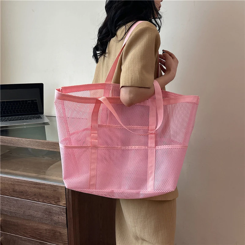 Portable Mesh Beach Bag For Women Makeup Travel Storage Wash Bag Summer Travel Swimming Bath Bag Organizer Shopper Totes thumbnail 2