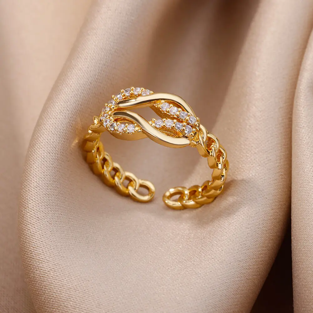 Gold Plated Stainless Steel Crystal Rings For Women Chain Geometry Zircon Finger Ring Jewelry Gift anillos mujer 2025 New Trendy thumbnail 4