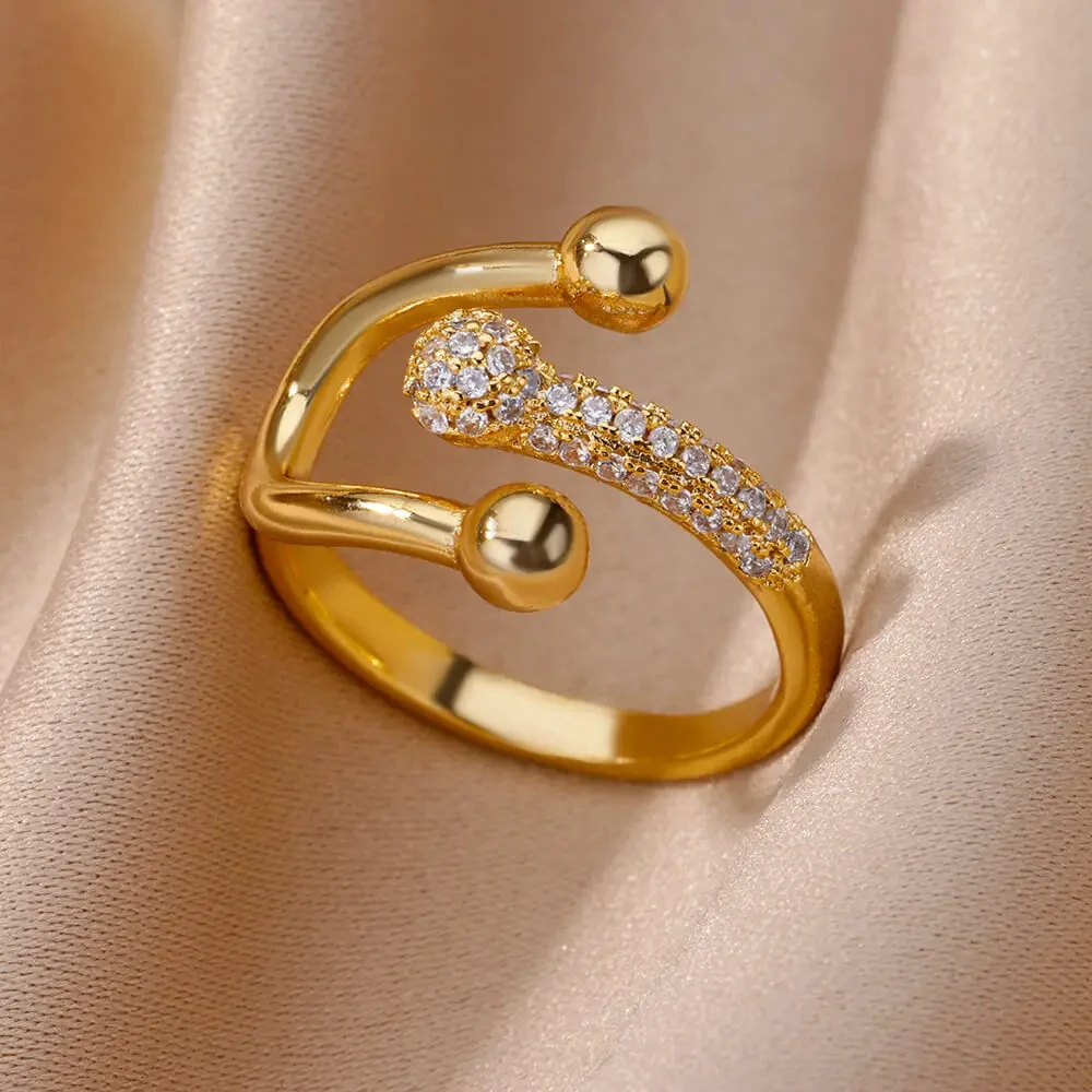 Gold Plated Stainless Steel Crystal Rings For Women Chain Geometry Zircon Finger Ring Jewelry Gift anillos mujer 2025 New Trendy thumbnail 3