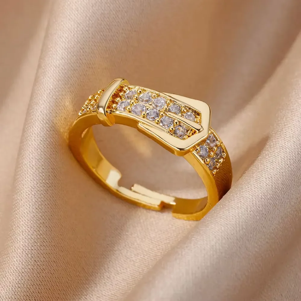 Gold Plated Stainless Steel Crystal Rings For Women Chain Geometry Zircon Finger Ring Jewelry Gift anillos mujer 2025 New Trendy thumbnail 5