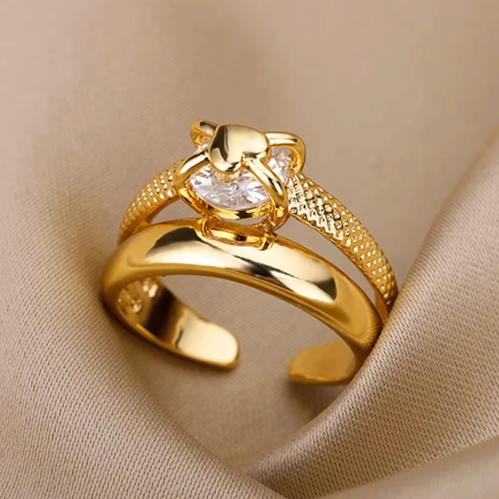 Gold Plated Stainless Steel Crystal Rings For Women Chain Geometry Zircon Finger Ring Jewelry Gift anillos mujer 2025 New Trendy thumbnail 6