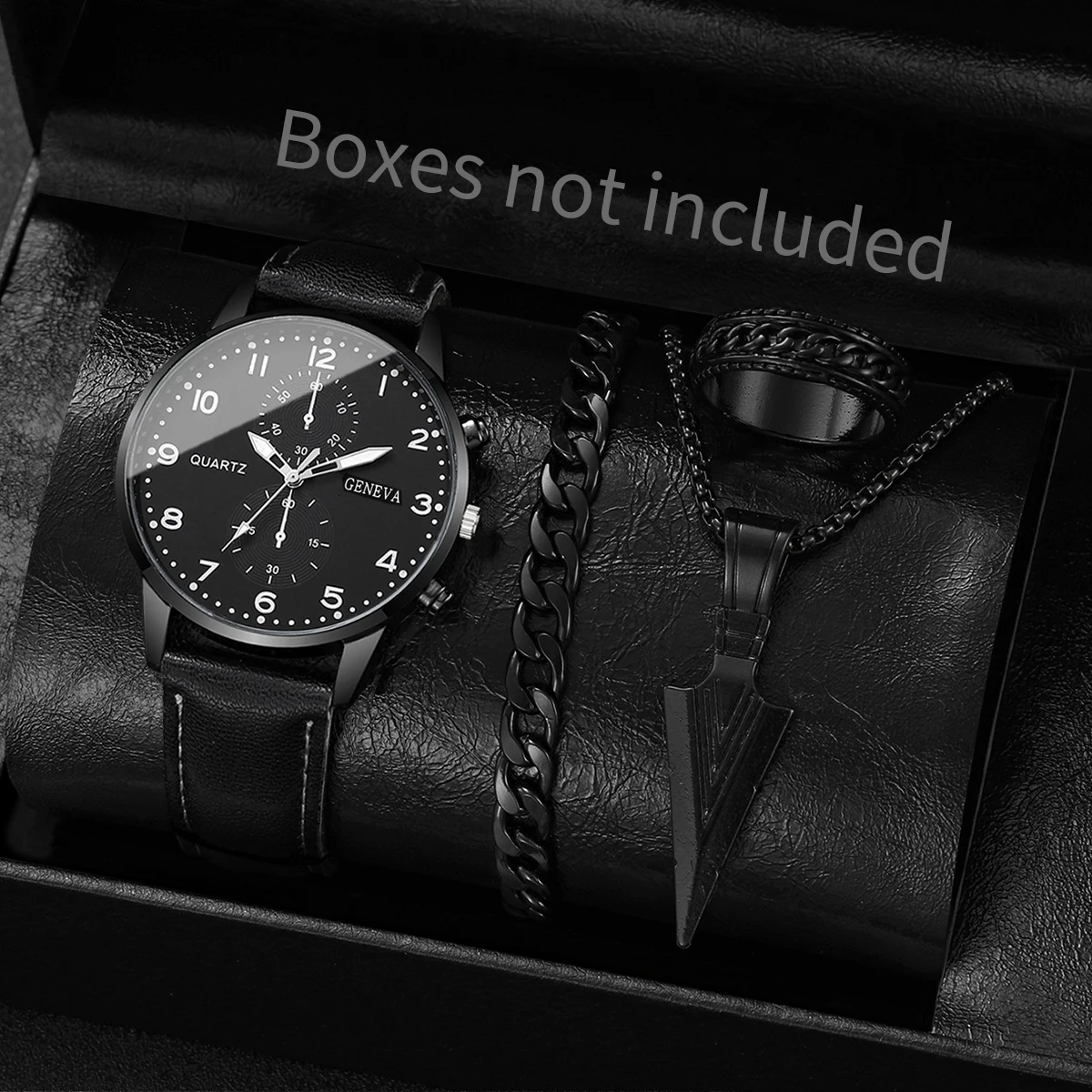 4PCS/Set Fashion Men Watches Casual Leather Band Analog Quartz Wrist Watch for Men Business Clock Gift Jewelry Set（Without Box）