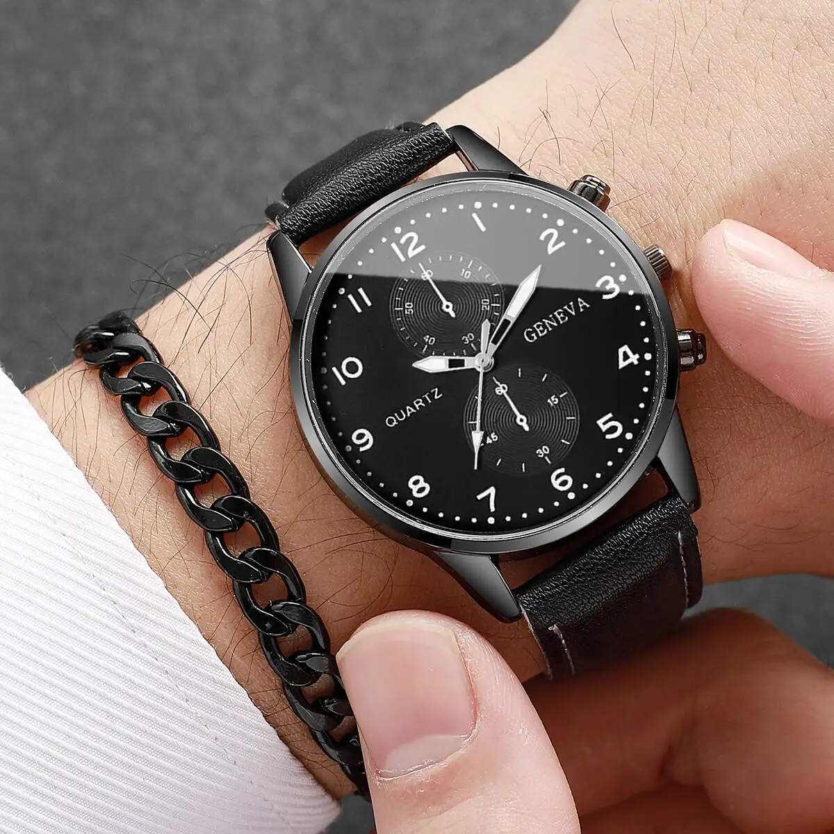 4PCS/Set Fashion Men Watches Casual Leather Band Analog Quartz Wrist Watch for Men Business Clock Gift Jewelry Set（Without Box） thumbnail 6