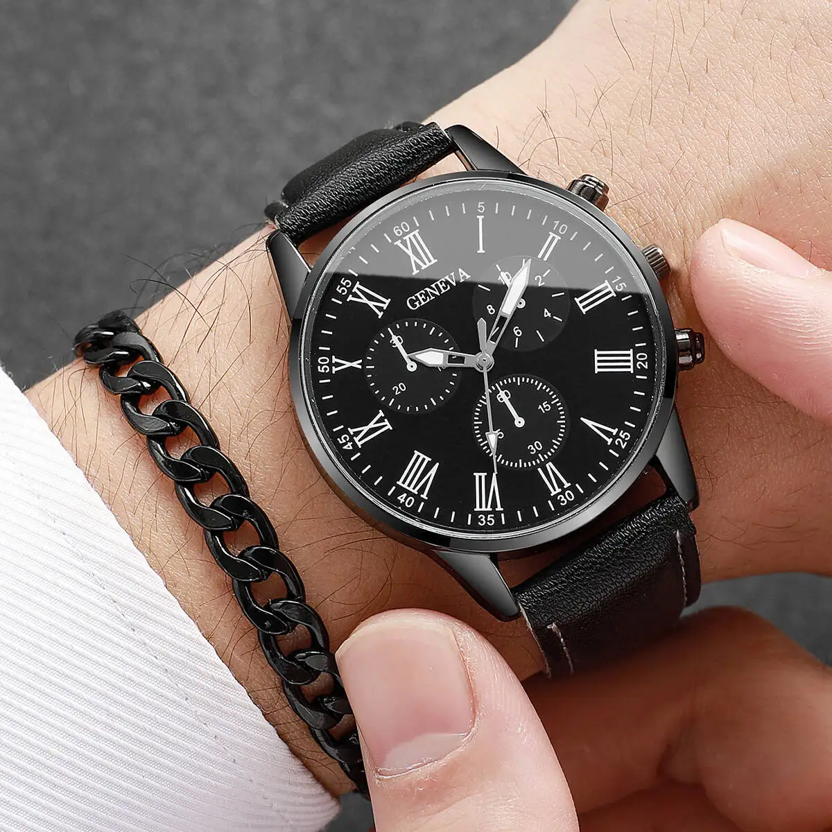 4PCS/Set Fashion Men Watches Casual Leather Band Analog Quartz Wrist Watch for Men Business Clock Gift Jewelry Set（Without Box） thumbnail 5