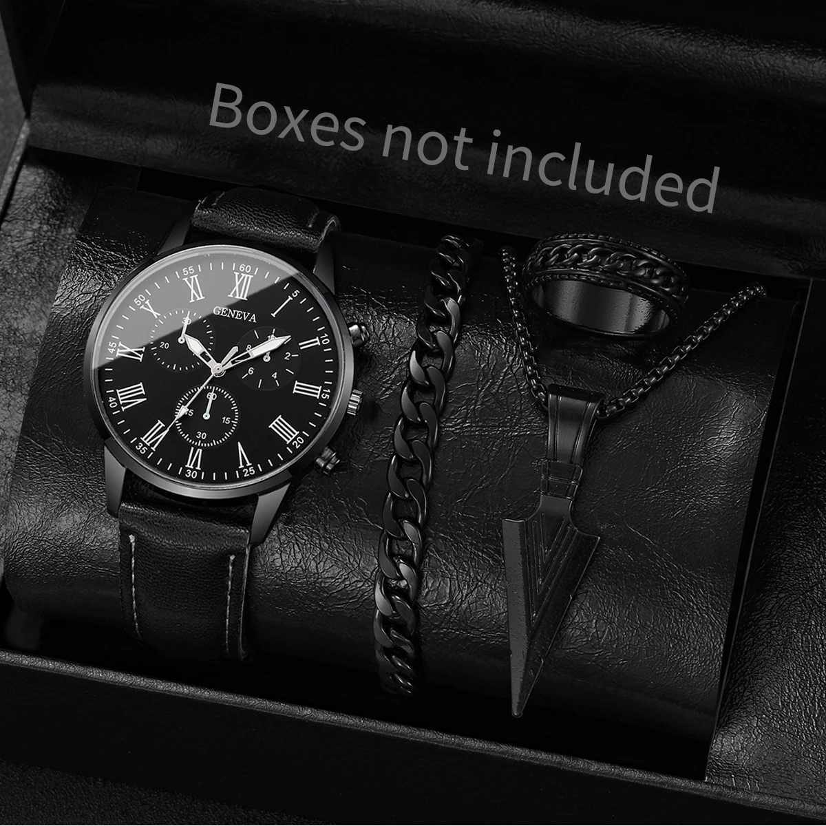 4PCS/Set Fashion Men Watches Casual Leather Band Analog Quartz Wrist Watch for Men Business Clock Gift Jewelry Set（Without Box） thumbnail 2