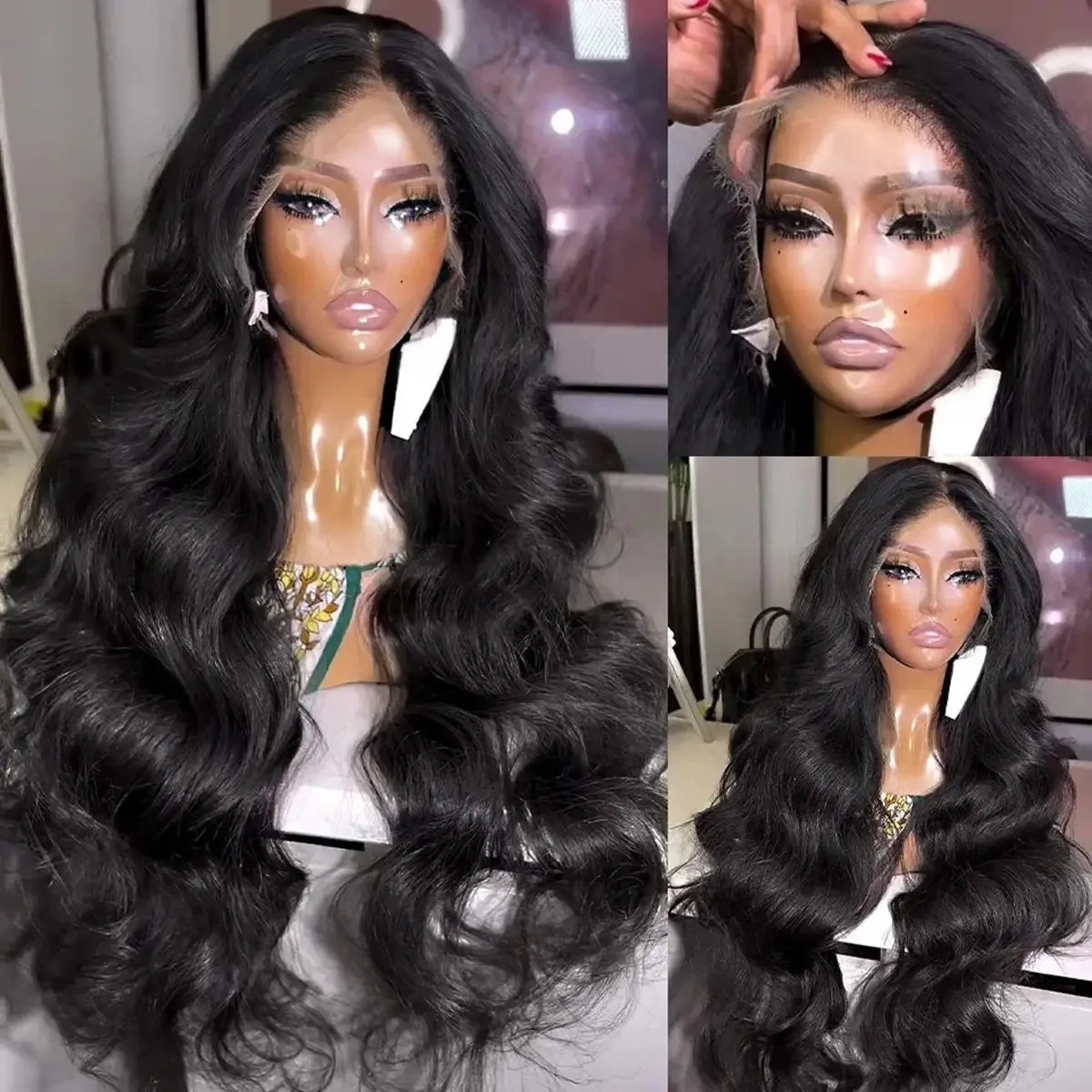 Loose Wave Black Color Synthetic Soft 13X4 HD Lace Frontal Wig For Black Women Prepucked Bleach Knots Glueless Wig Daily Party thumbnail 3