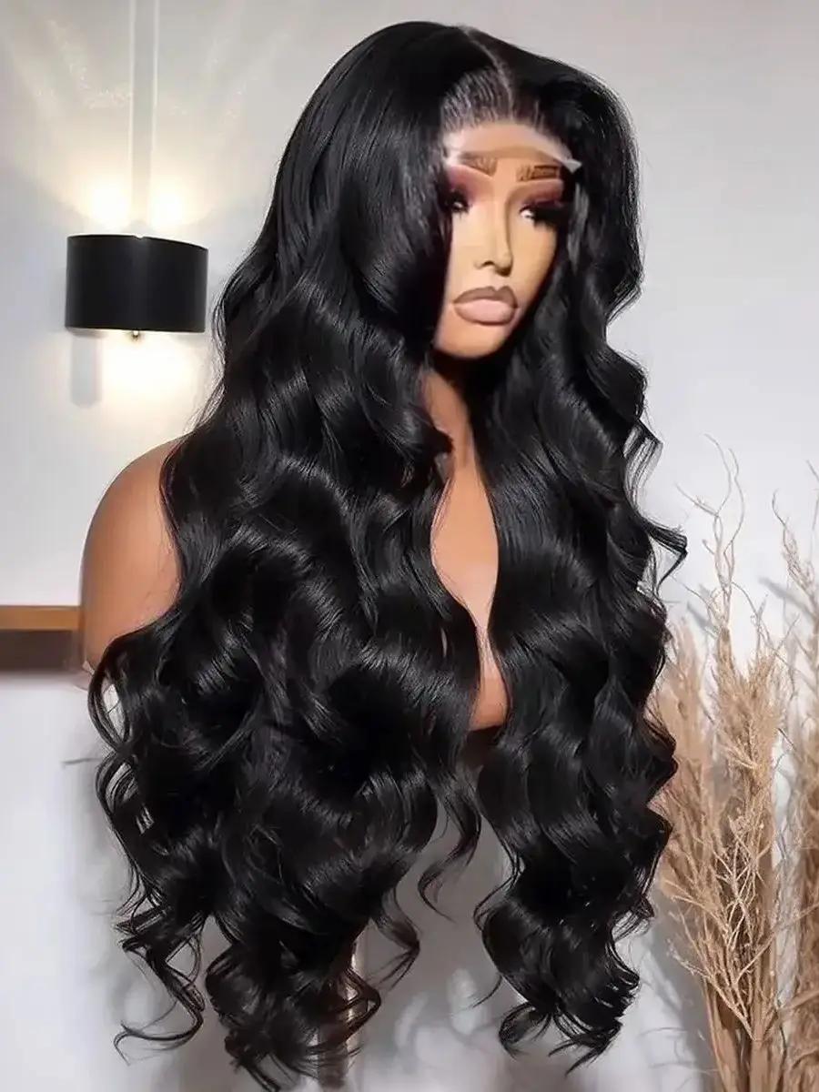 Loose Wave Black Color Synthetic Soft 13X4 HD Lace Frontal Wig For Black Women Prepucked Bleach Knots Glueless Wig Daily Party thumbnail 2