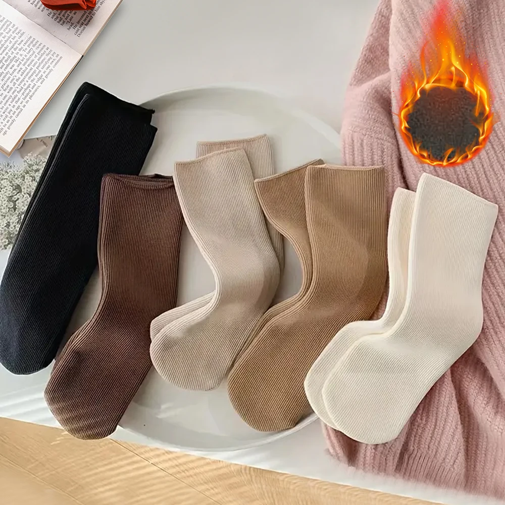 5pairs Winter Warm Solid Women Socks Thicken Thermal Socks Black Skin Seamless Snow Sock Unisex Socks thumbnail 3