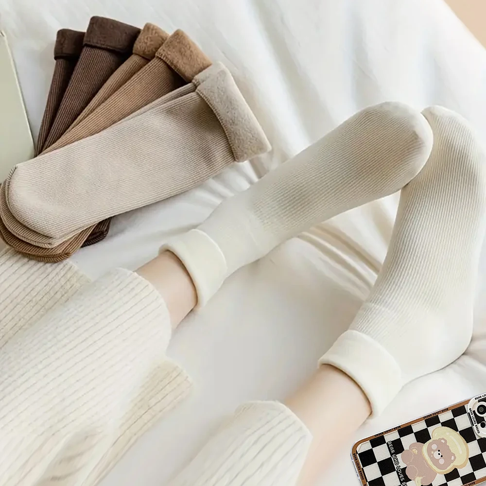 5pairs Winter Warm Solid Women Socks Thicken Thermal Socks Black Skin Seamless Snow Sock Unisex Socks thumbnail 5